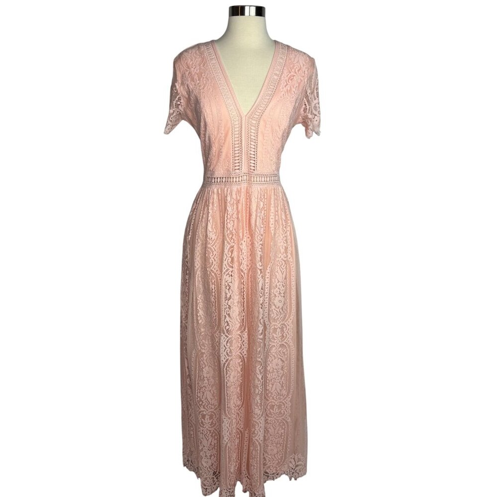 Peach Bohemian Boho Lace‎ V-Neck Maxi Dress Photo Shoot Size Small
